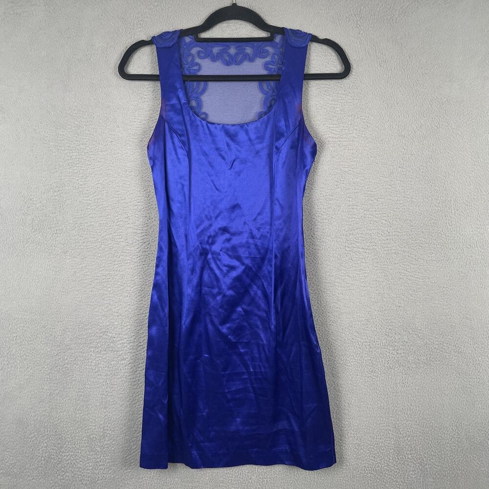 Jessica McClintock Gunne Sax Dress Womens 7/8 Blue Sheath Scoop Neck Embroidered